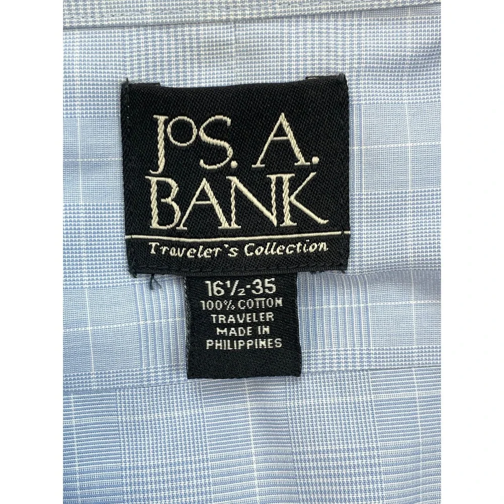 Jos A Bank Shirt Mens 16.5 - 35 Blue Plaid 100% Cotton Traveler's Button Up